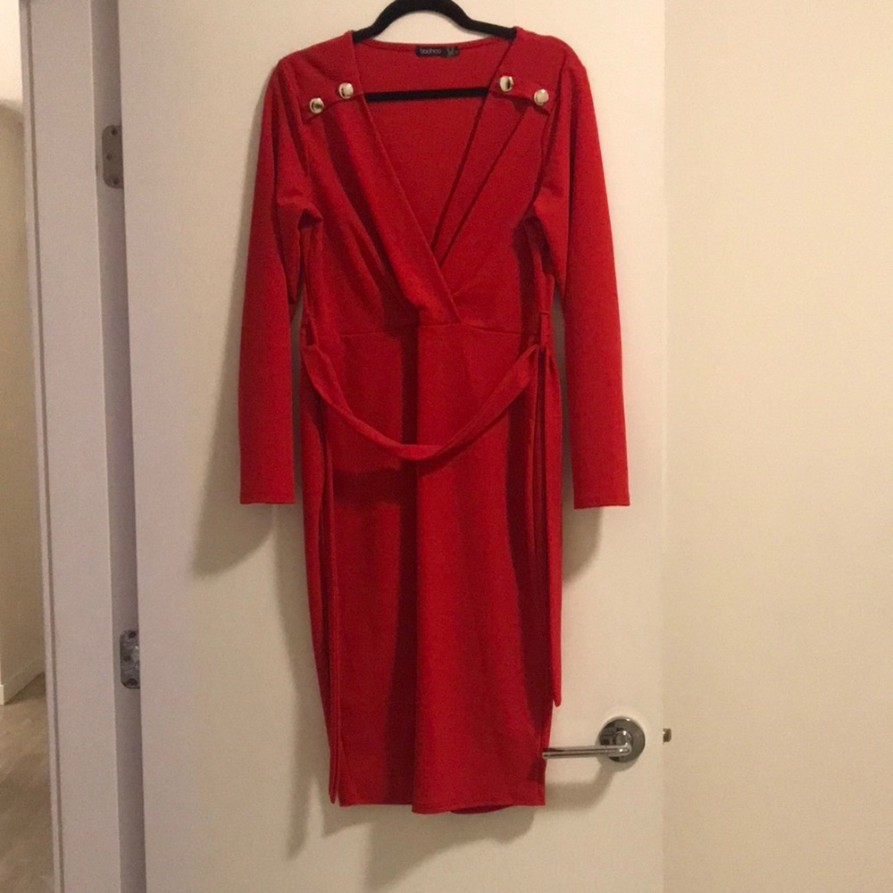 Red long sleeve v neck dress